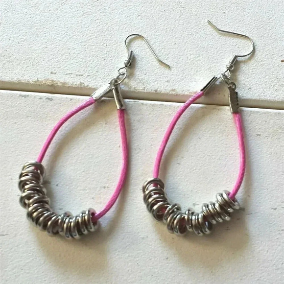 Hand Crafted Pink Long Polyester Cord Silver Tone Rings Dangle Hoop Earrings - Picture 1 of 2